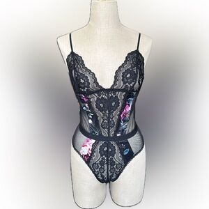 In Bloom Black Floral Lace Teddy with Sheer Panels